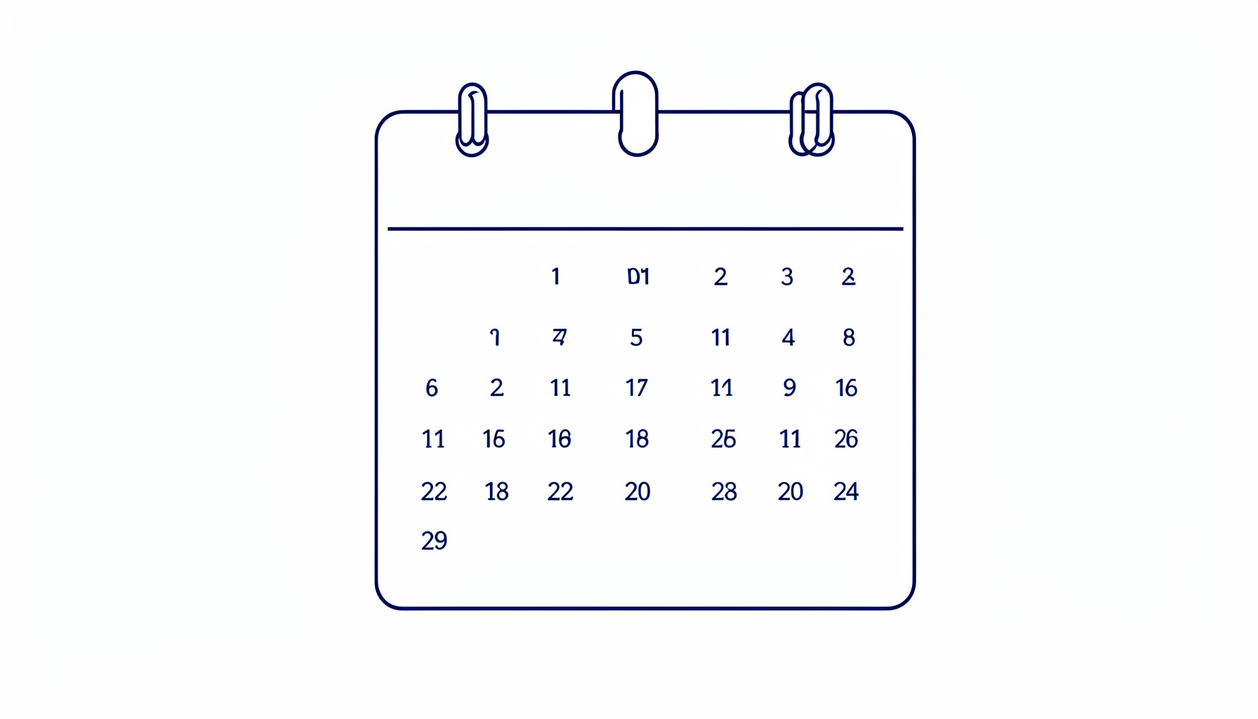 Minimal line drawing of a calendar page with a marked date, navy on white